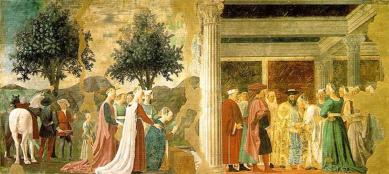 Piero della Francesca: Storie della vera Croce - Adorazione del legno e l'incontro con Salomone con la regina di Saba, 336 cm x 747, Chiesa di San Francesco, Arezzo.